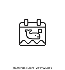 A clean black outline icon depicting a calendar with a whale swimming in waves below a square, symbolizing ocean conservation or marine life events.