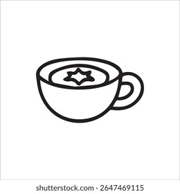 Clean black outline icon depicting a cup of hot beverage topped with a star shape, ideal for menus apps or drink-related designs.