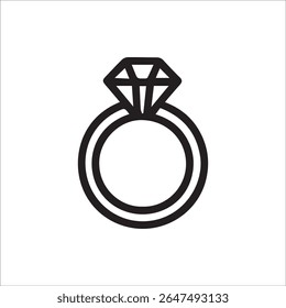 Um ícone de contorno preto limpo com um anel de noivado de diamante, perfeito para projetos relacionados a casamentos, propostas, joias, amor e luxo. Gráfico vetorial simples e versátil.