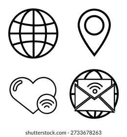 Un conjunto de iconos de contorno negro limpio diseñado para el Web y la comunicación, con símbolos esenciales como un globo terráqueo, un pin de mapa, un ícono de like y un correo electrónico. Con un estilo de línea moderno y minimalista, estos íconos son ideales para Sitios web, App móviles, interfaces, menús de navegación, tableros y presentaciones digitales. El diseño monocromo simple garantiza claridad, consistencia y fácil personalización en fondos claros y oscuros.