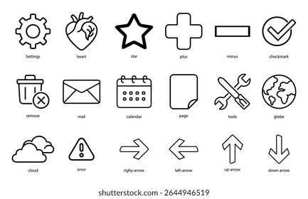 Clean black outline icons for web, app, and user interface design.
