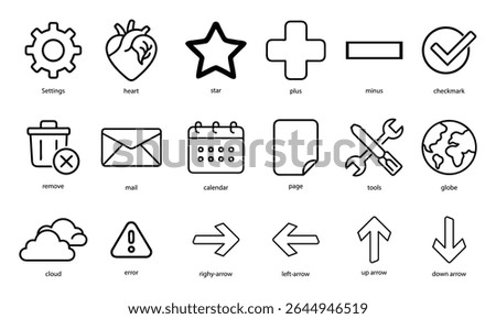 Clean black outline icons for web, app, and user interface design.