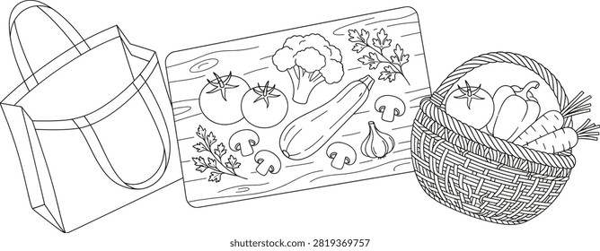 Clean black outline illustration featuring a reusable shopping bag, woven basket filled with fresh vegetables, and a cutting board with healthy produce. Ideal for grocery, healthy eating, meal preparation, organic food, sustainability, and educational design projects.