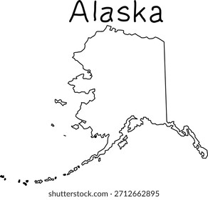 Mapa de contorno negro limpio de Alaska con su forma distinta y cadenas de islas. Ideal para materiales educativos, proyectos geográficos, Plantillas de diseño y uso de infografías.
