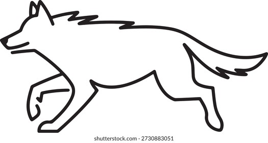 Limpo contorno preto de um lobo correndo, capturando seu movimento energético e forma elegante contra um fundo branco puro.