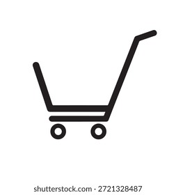 Icono de Vector de contorno negro limpio de un Carrito de compras, presentado con precisión desde una vista frontal ligeramente elevada, que presenta claramente un marco rectangular bien definido para la cesta y dos ruedas circulares, que simboliza efectivamente la compra en línea, las operaciones minoristas o la adición de productos a una cesta de la compra digital sobre un fondo blanco brillante, adecuado para interfaces modernas.