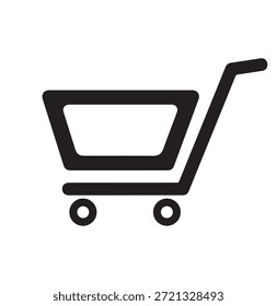 Icono de Vector de contorno negro limpio de un Carrito de compras, presentado con precisión desde una vista frontal ligeramente elevada, que presenta claramente un marco rectangular bien definido para la cesta y dos ruedas circulares, que simboliza efectivamente la compra en línea, las operaciones minoristas o la adición de productos a una cesta de la compra digital sobre un fondo blanco brillante, adecuado para interfaces modernas.