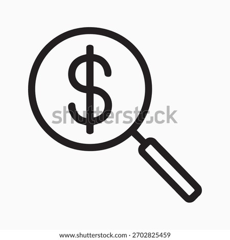 A clean black outline vector icon featuring a magnifying glass focused on a dollar sign. This powerful symbol represents concepts such as financial search, cost analysis, budget investigation, finding