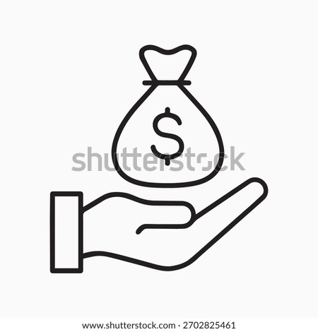 A clean black outline vector icon depicting an open hand holding a tied money bag with a dollar sign. This versatile symbol represents concepts such as investment, savings, wealth, banking, charity, l
