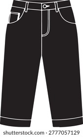 Clean black pants featuring crisp white stitching and belt loops, designed for a sleek and classic look.