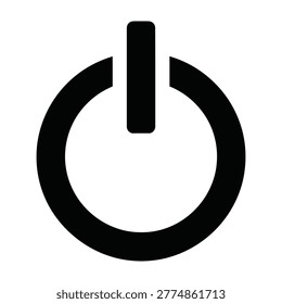 A clean black power button symbol isolated on a white background. This universal electronic interface icon represents startup, shutdown, energy, and digital standby mode.
