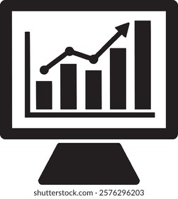 A clean black projector screen icon on a white background. It displays a graph with bars or a diagram, mounted on a tripod stand, symbolizing presentations, data visualization, and office productivity