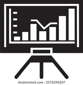 A clean black projector screen icon on a white background. It displays a graph with bars or a diagram, mounted on a tripod stand, symbolizing presentations, data visualization, and office productivity
