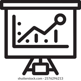 A clean black projector screen icon on a white background. It displays a graph with bars or a diagram, mounted on a tripod stand, symbolizing presentations, data visualization, and office productivity