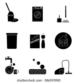Clean up black set icons. Vacuuming and housework, washing and cleaner. Vector illustration