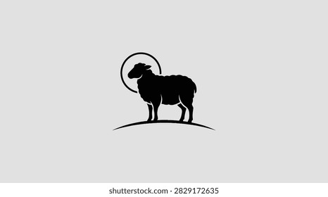 Clean black sheep emblem against a sun background for livestock branding.