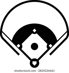 A clean black silhouette of a baseball field in top view featuring the infield diamond, bases, and outfield. Ideal for sports graphics, stadium maps, tournament materials, mobile apps, infographics, and commercial vector design.