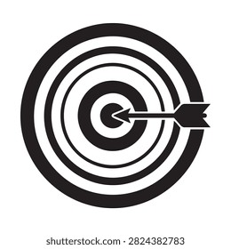Clean black silhouette of circular archery target showing arrow hitting exact bullseye. Simple graphic icon representing accuracy and successful goal attainment. Perfect for business strategy and marketing presentations.