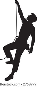 A clean black silhouette of a climber rappelling down on a rope vector illustration