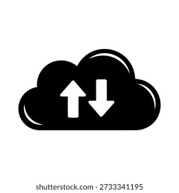Una silueta limpia y negra de una nube con flechas hacia arriba y hacia abajo representa el intercambio de datos.