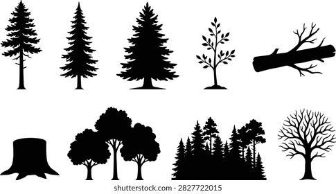 A clean black silhouette collection featuring pine trees, deciduous trees, forest groups, tree stumps, and fallen branches. Ideal for forestry projects, environmental campaigns, nature branding, woodland designs, landscaping, outdoor graphics, and decorative illustrations.A clean black silhouette collection featuring pine trees, deciduous trees, forest groups, tree stumps, and fallen branches. Ideal for forestry projects, environmental campaigns, nature branding, woodland designs, landscaping, outdoor graphics, and decorative illustrations.