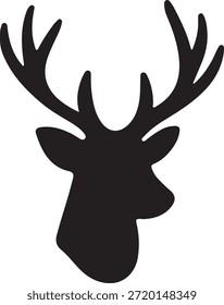 Uma silhueta limpa e preta de uma cabeça de veado com galhadas proeminentes, perfeita para caçar logotipos, marca com tema natural ou ilustrações de floresta minimalista.