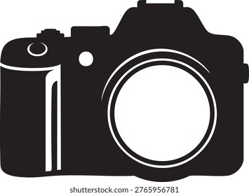 A clean, black silhouette of a DSLR camera. Ideal for photography, technology, or creative business concepts.