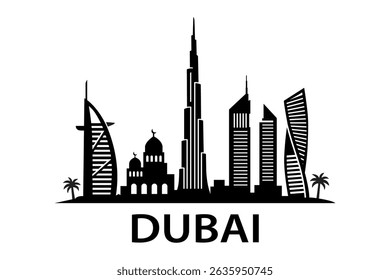 Clean black silhouette of Dubai cityscape with high-rise towers and famous buildings