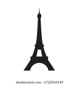 Una silueta negra limpia del Lugar famoso de la Torre Eiffel en París, Francia, sobre un fondo blanco sólido.