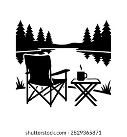 A clean black silhouette of a folding camping chair and a coffee mug on a side table by a tranquil lake, perfect for travel or outdoor leisure design projects.