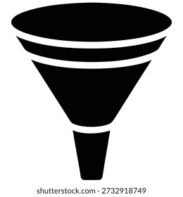 A clean, black silhouette of a funnel, representing filtering, processing, separating, or funneling information and materials.