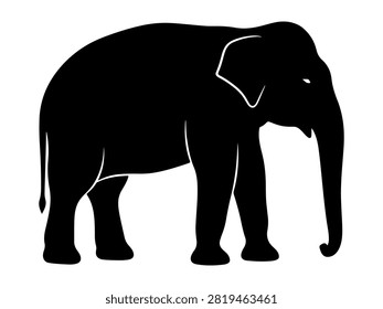 A clean black silhouette graphic of an elephant standing in profile isolated on a plain white background for design
