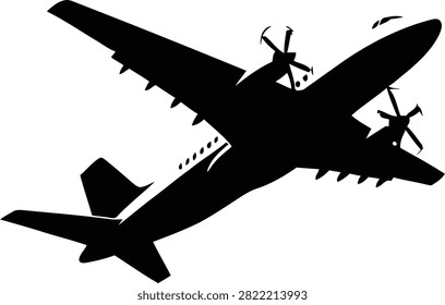 A clean black silhouette graphic of a large propeller airplane soaring through the air, perfect for object, aviation, and transport design projects.