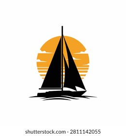 A clean black silhouette graphic of a sailboat with sails set against a circular golden sunset backdrop on the water