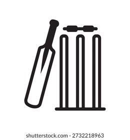 Clean black silhouette icon featuring a cricket bat leaning against a set of three stumps topped with two bails, forming a classic wicket setup. This minimalist design effectively represents the sport of cricket, making it ideal for use in sports apps, event branding, signage, or digital interfaces. The high-contrast style ensures clarity and versatility across various media formats, symbolizing athleticism, competition, and cricket culture.