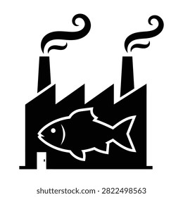 A clean black silhouette icon of a fish processing factory with smoke stacks. Symbolizes commercial fishing, seafood industry, food production, and aquatic trade.