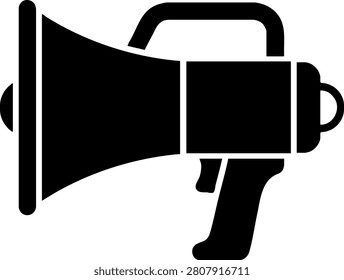 A clean black silhouette icon of a megaphone isolated on a white background. This versatile graphic is ideal for representing marketing, announcements, and public speaking.