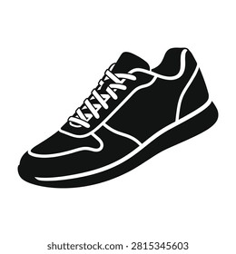 A clean black silhouette icon of a modern running shoe isolated on a white background. Perfect for sports apps, fitness websites, retail labels, or gym branding.