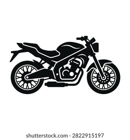 A clean black silhouette icon of a modern motorcycle isolated on white background. Perfect for transport logos, travel apps, automotive branding, and web design.
