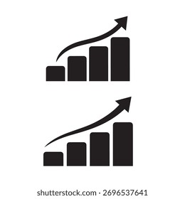 Clean black silhouette icon set showing two bar graphs of four ascending vertical bars with curved upward arrows above each, symbolizing growth, positive trend and performance improvement.