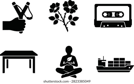 A clean black silhouette icon set featuring a slingshot, flowering branch, cassette tape, table, meditation figure with leaf, and cargo ship in a minimalist vector style. Ideal for nature, wellness, transportation, retro media, furniture, web design, mobile apps, infographics, and commercial graphic design projects.