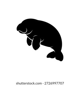 Uma silhueta preta limpa de um peixe-boi em perfil lateral, projetado em um estilo vetor minimalista. Perfeito para projetos educacionais, ambientais e temáticos de conservação, bem como mercadorias, cartazes e infográficos. O design de alto contraste garante clareza e facilidade de uso em formatos digitais e de impressão.