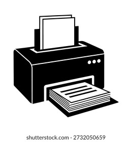 A clean, black silhouette of a printer displays ejected paper, showcasing a distinctive flat style.