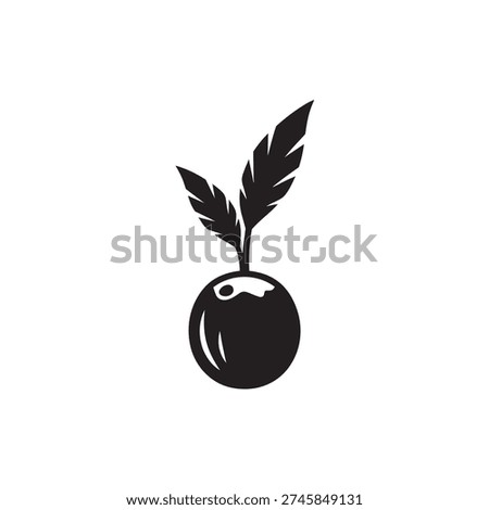 A clean black silhouette representing the beginning of plant life, featuring two small, feathered leaves emerging from a round seed or bulb. This symbolic vector graphic is ideal for gardening brands focused on sustainability, organic farming logos, and educational materials regarding plant life cycles.
