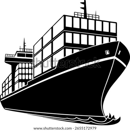 A clean black silhouette of a ship, showcasing a side view of a classic vessel or cargo ship, isolated on a white background.