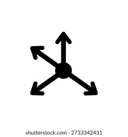 A clean, black silhouette showcasing a central point and radiating arrows, a distinctive flat design.