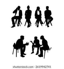 A clean black silhouette showing office workers in a meeting, representing teamwork, communication, and corporate discussion—ideal for business themes and professional content.