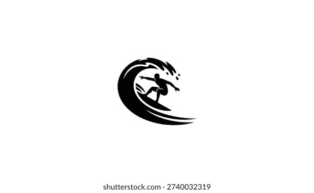 A clean, black silhouette of a surfer skillfully riding a large, cresting ocean wave. This minimalist vector graphic is ideal for a logo, icon, or emblem.