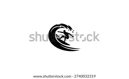 A clean, black silhouette of a surfer skillfully riding a large, cresting ocean wave. This minimalist vector graphic is ideal for a logo, icon, or emblem.