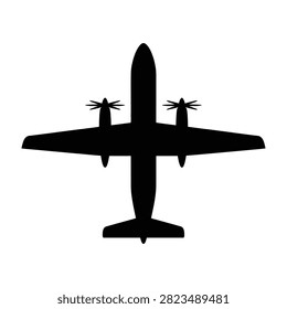 A clean black silhouette of a twin engine turboprop aircraft viewed from directly above. Minimalist icon representing air travel, aviation, transport, and flight.